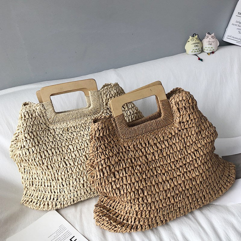 Women Solid Color Wooden Handle Straw Woven Bag, Summer Beach Handmade Fashion Bag