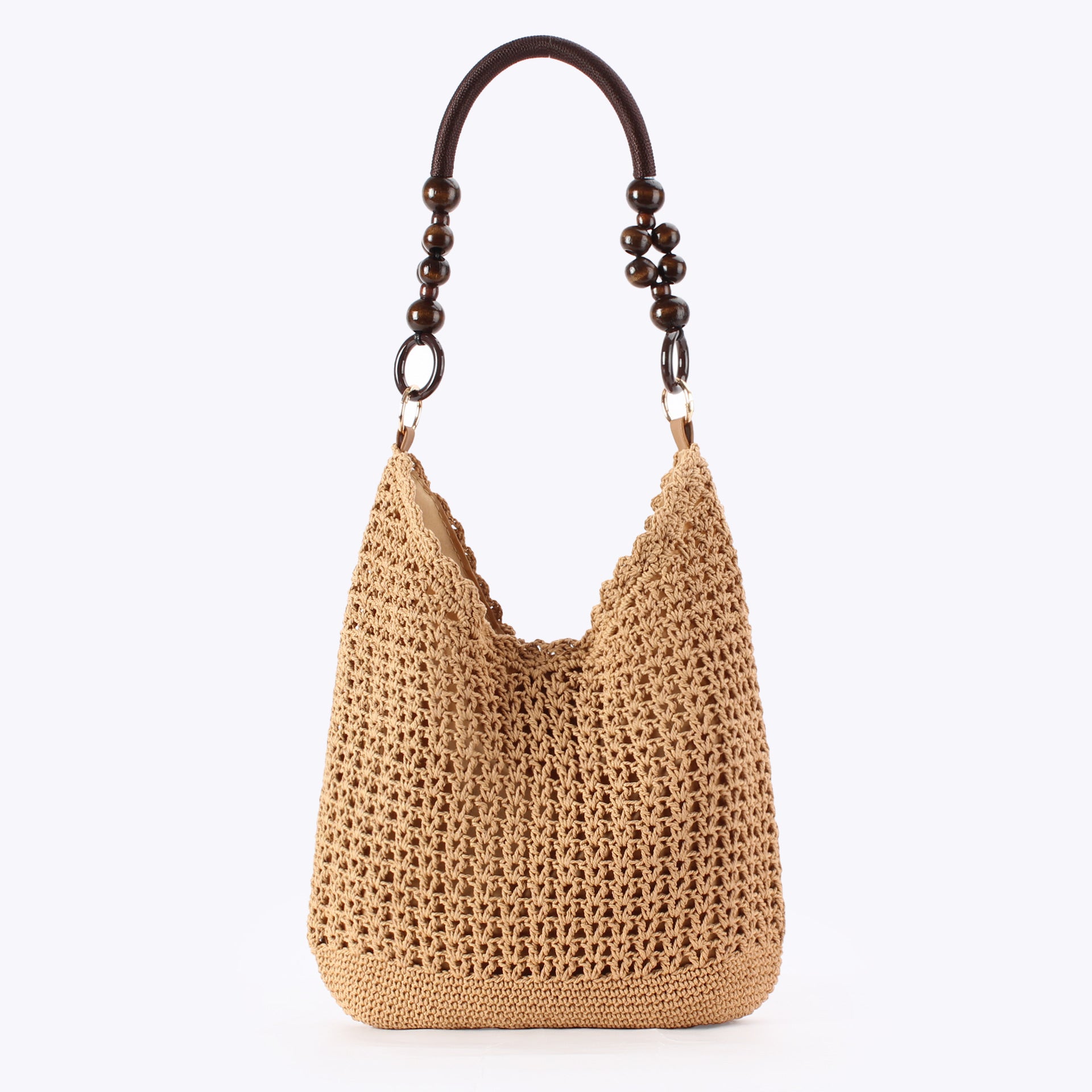 Hand Crocheted Cotton Hobo Shoulder Bag with Beaded Handle
