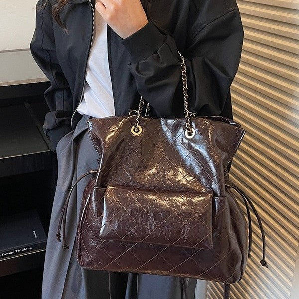 Glossy Quilted Convertible Backpack Tote Bag with Chain Detail