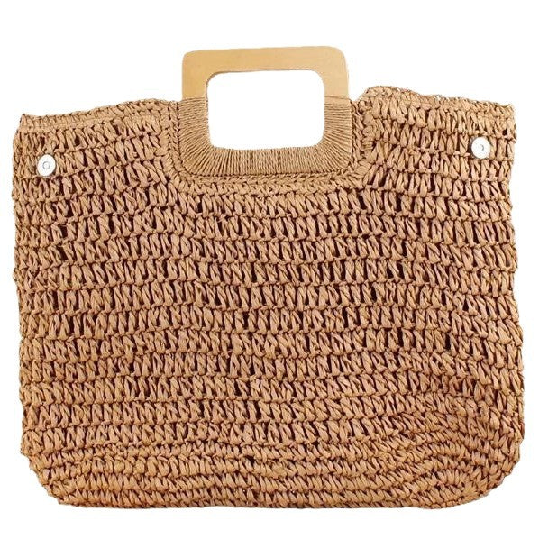 Women Solid Color Wooden Handle Straw Woven Bag, Summer Beach Handmade Fashion Bag