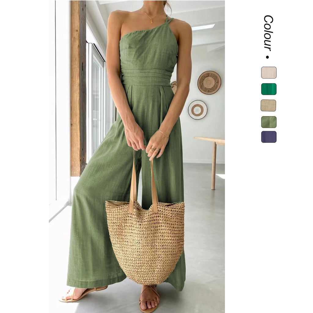 Solid Color Loose Wide-Leg Cotton Linen Jumpsuit