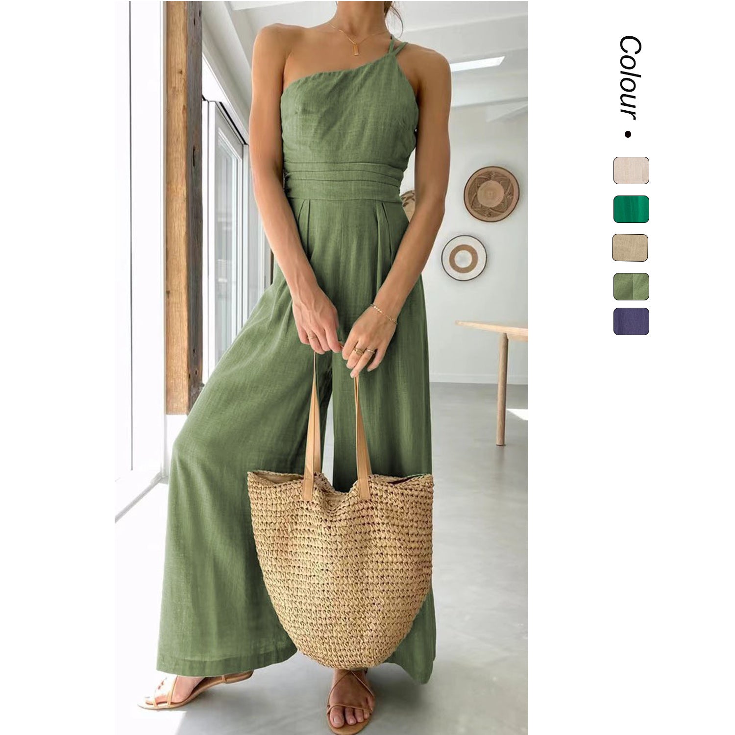Solid Color Loose Wide-Leg Cotton Linen Jumpsuit