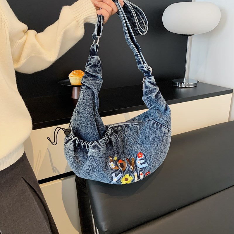 Denim Letter Shoulder Crossbody Large Capacity Tote Bag