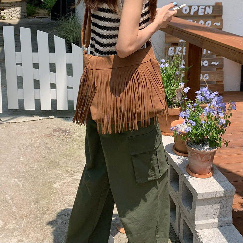 Women Western Retro Tassel Suede Crossbody Shoulder Bag