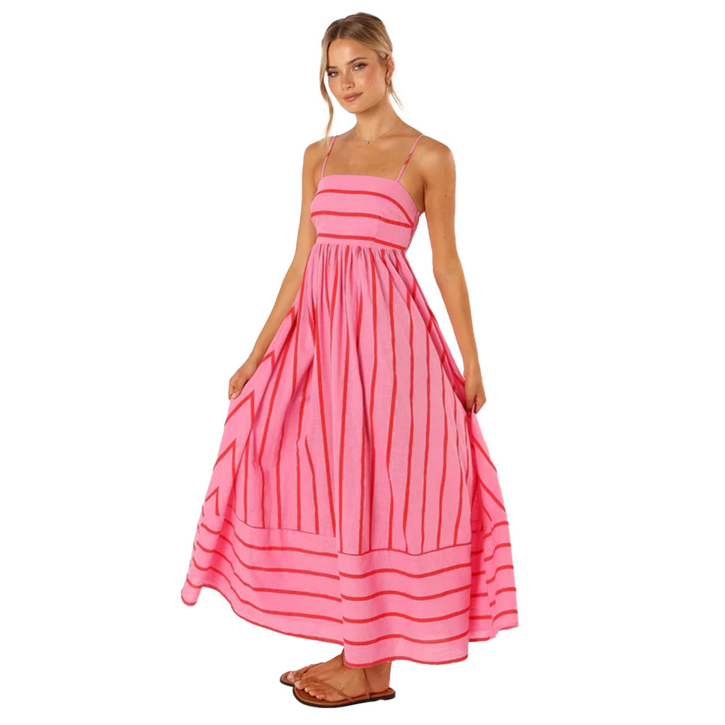 Striped Suspender Backless Large Swing Fresh Dress