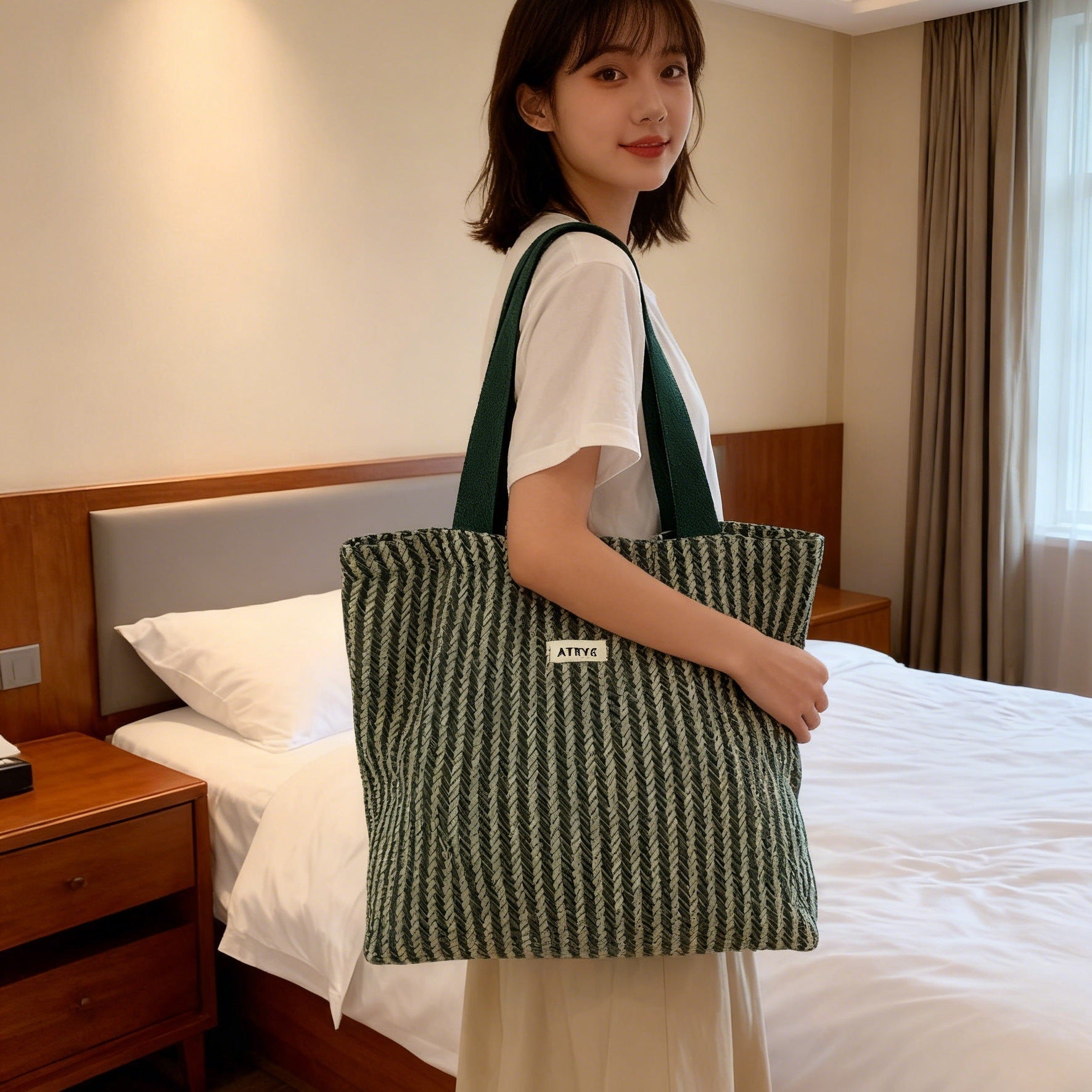 2026 Women Color Block Striped Canvas Tote Bag