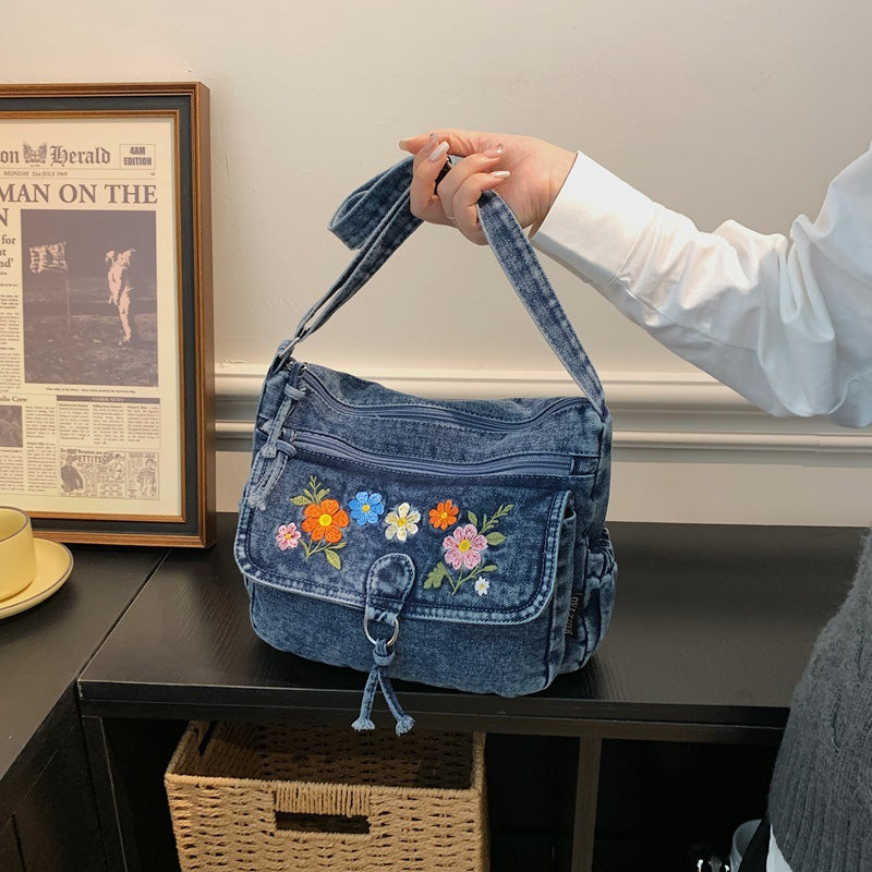 Floral Embroidered Denim Shoulder Bag with Adjustable Strap