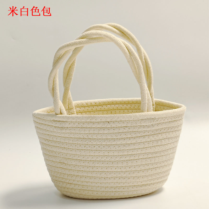 Retro Striped Cotton Woven Straw Detail Vacation Beach Handheld Basket Bag