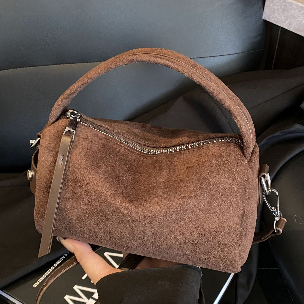 Vintage Faux Suede Mini Boston Handbag with Detachable Strap