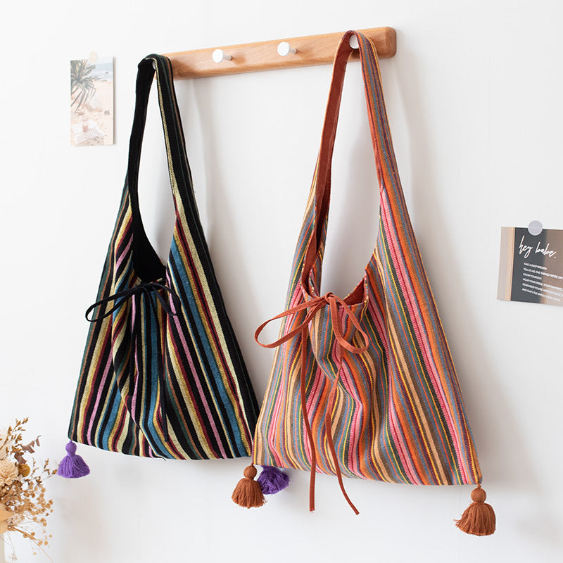 Original Ethnic Textured Striped Canvas Shoulder School Bag