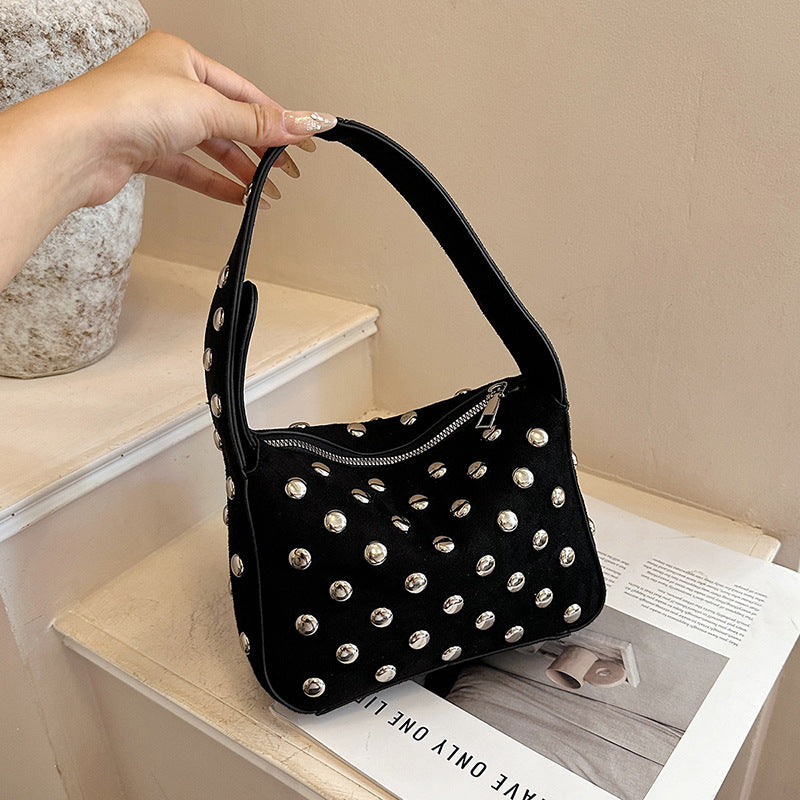 Suede Studded Shoulder Bag with Sleek Zipper Closure