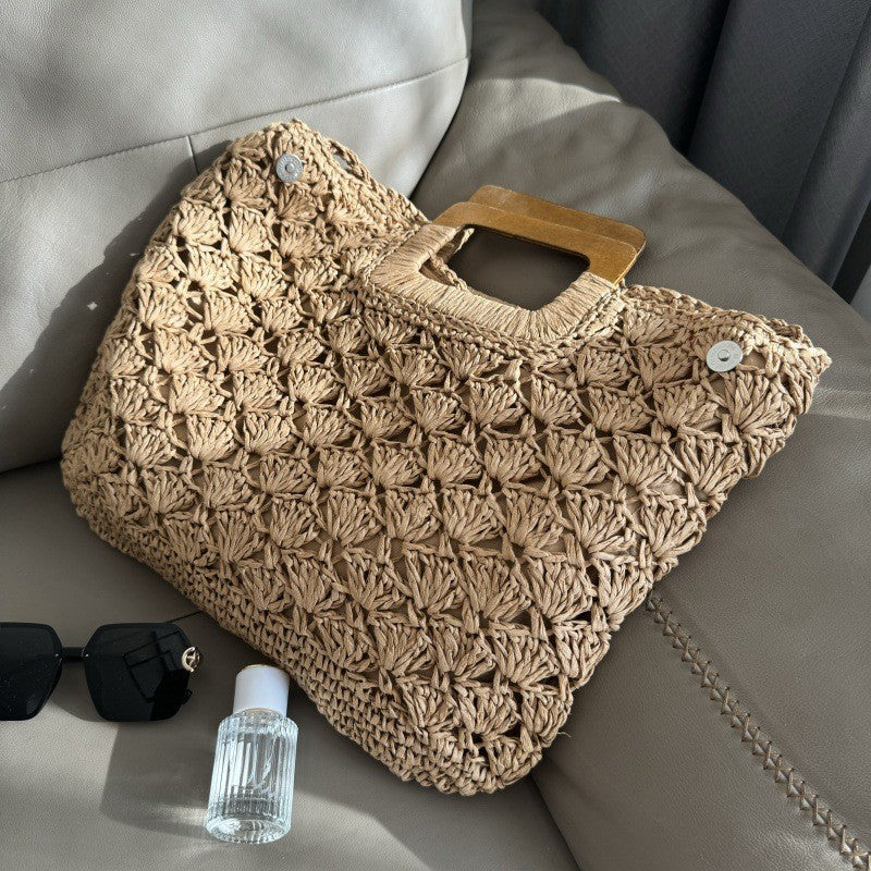 Women Solid Color Wooden Handle Straw Woven Bag, Summer Beach Handmade Fashion Bag