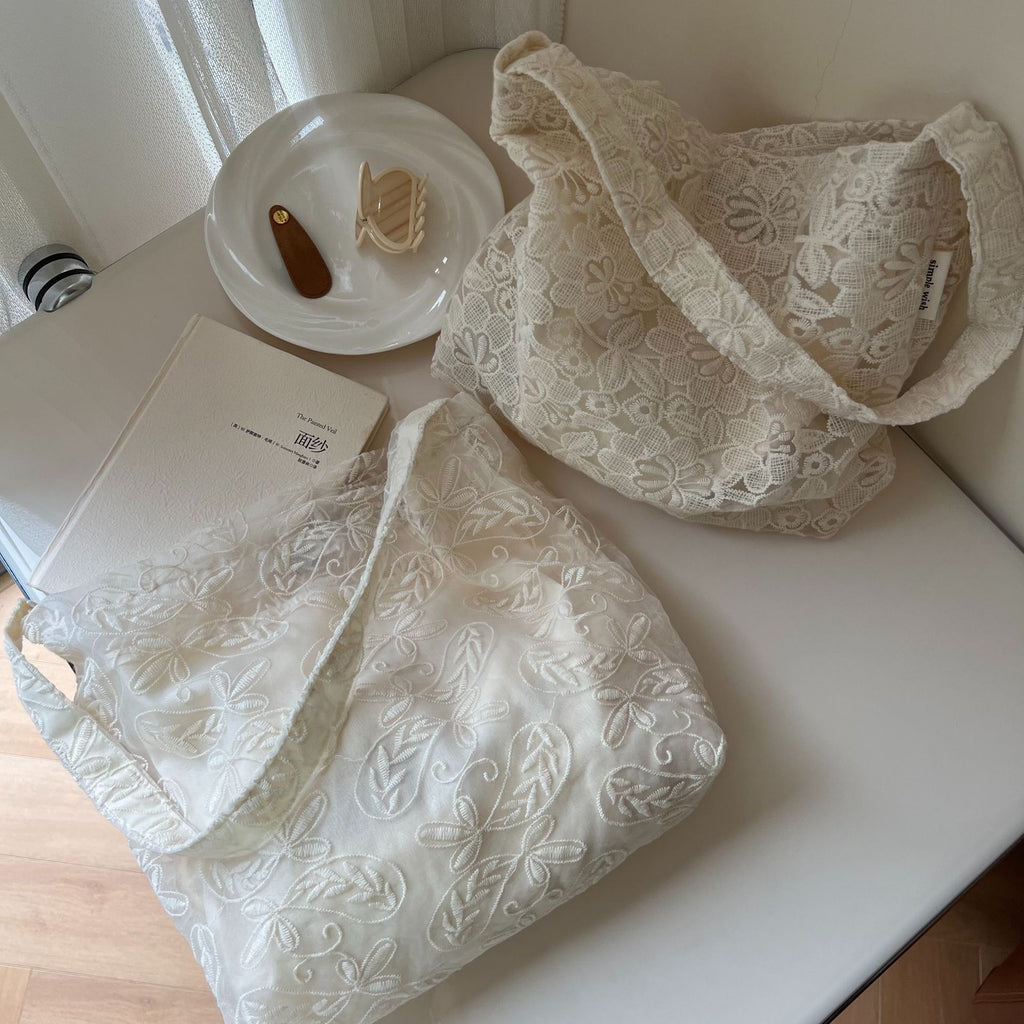 [Suxi Cloth Bag] French Lace Embroidered Gauze Cotton Bag Single Shoulder Underarm Women'S Canvas Bag Literary Simple Retro