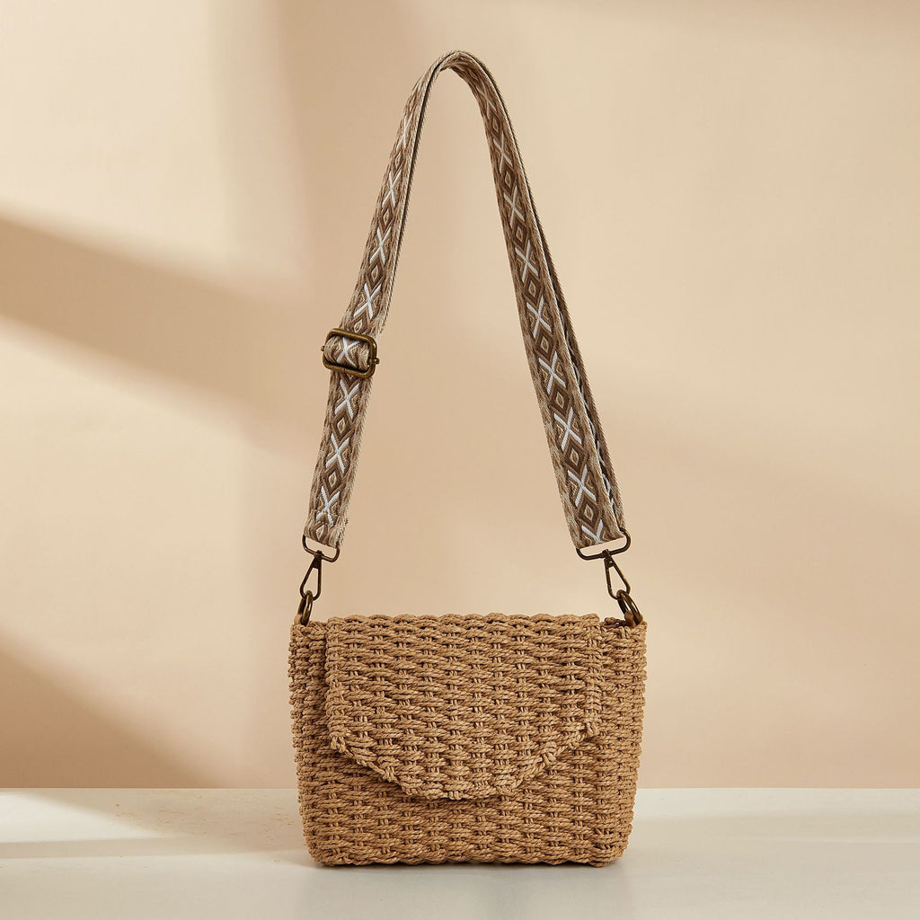 Printed Webbing Straw Flip Hand Beach Bag