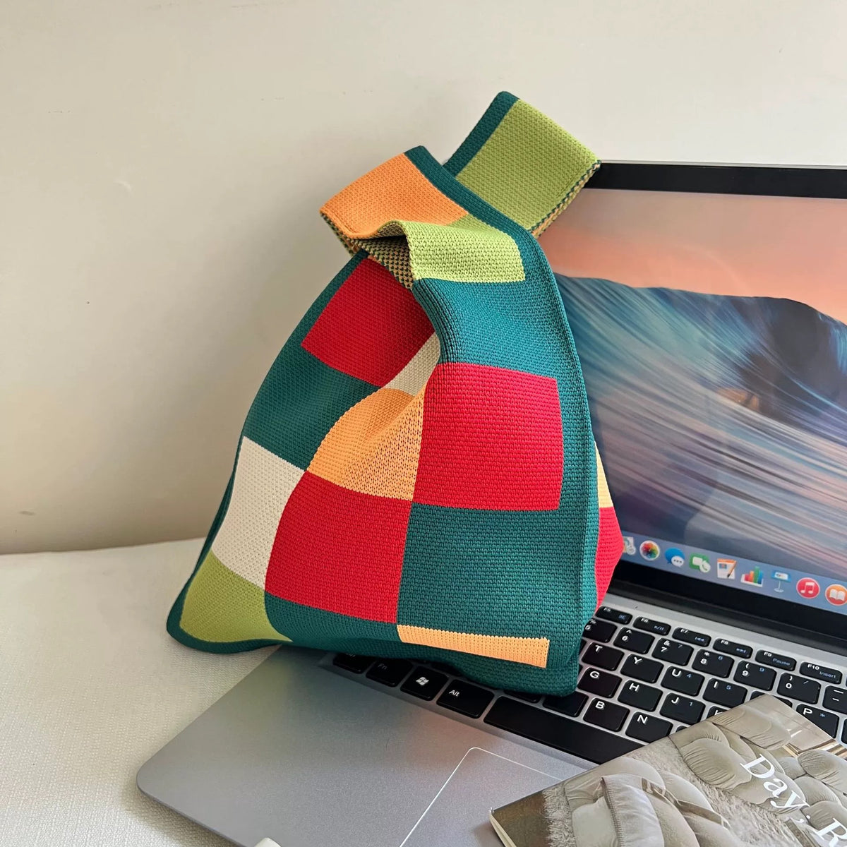 Colorful Geometric Knit Tote With Wide Handles