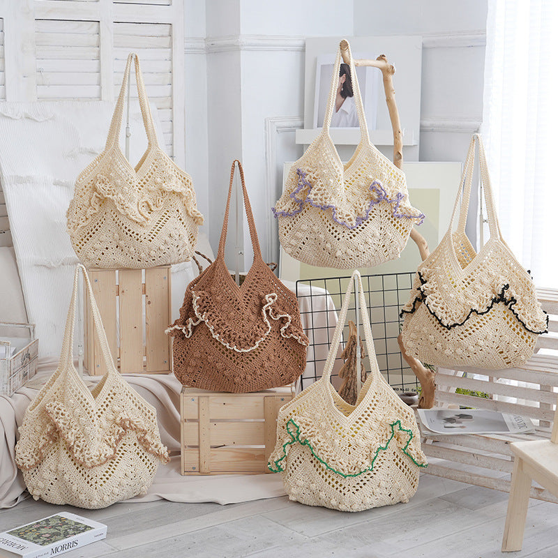 Women 2026 Hollow Woven Shoulder Tote Beach Vacation Bag