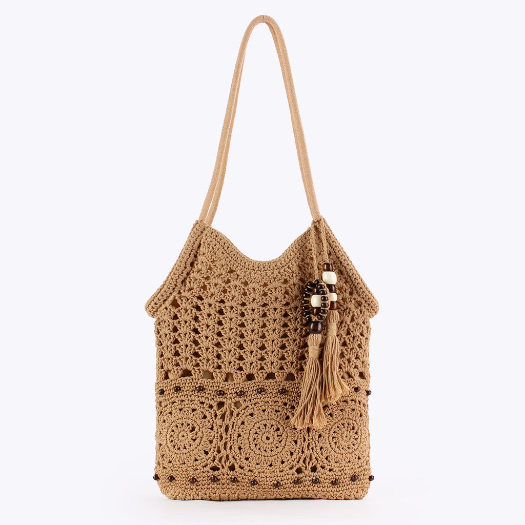Boho Hand Crocheted Cotton Shoulder Tote with Beaded Tassel