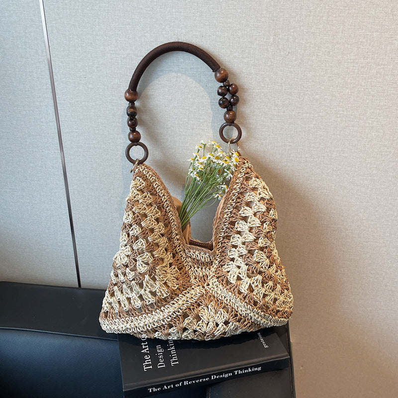 Women Summer Hollow Straw 2026 New Vintage Wood Bead Shoulder Beach Bag