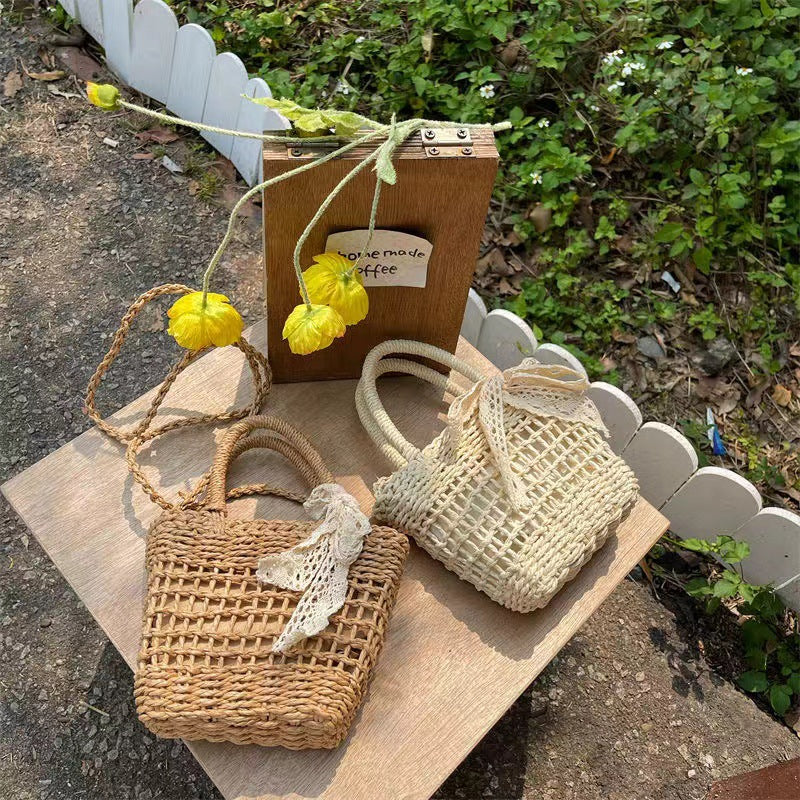 Women Bow Hollow Square Handheld Crossbody Vintage Straw Beach Bag