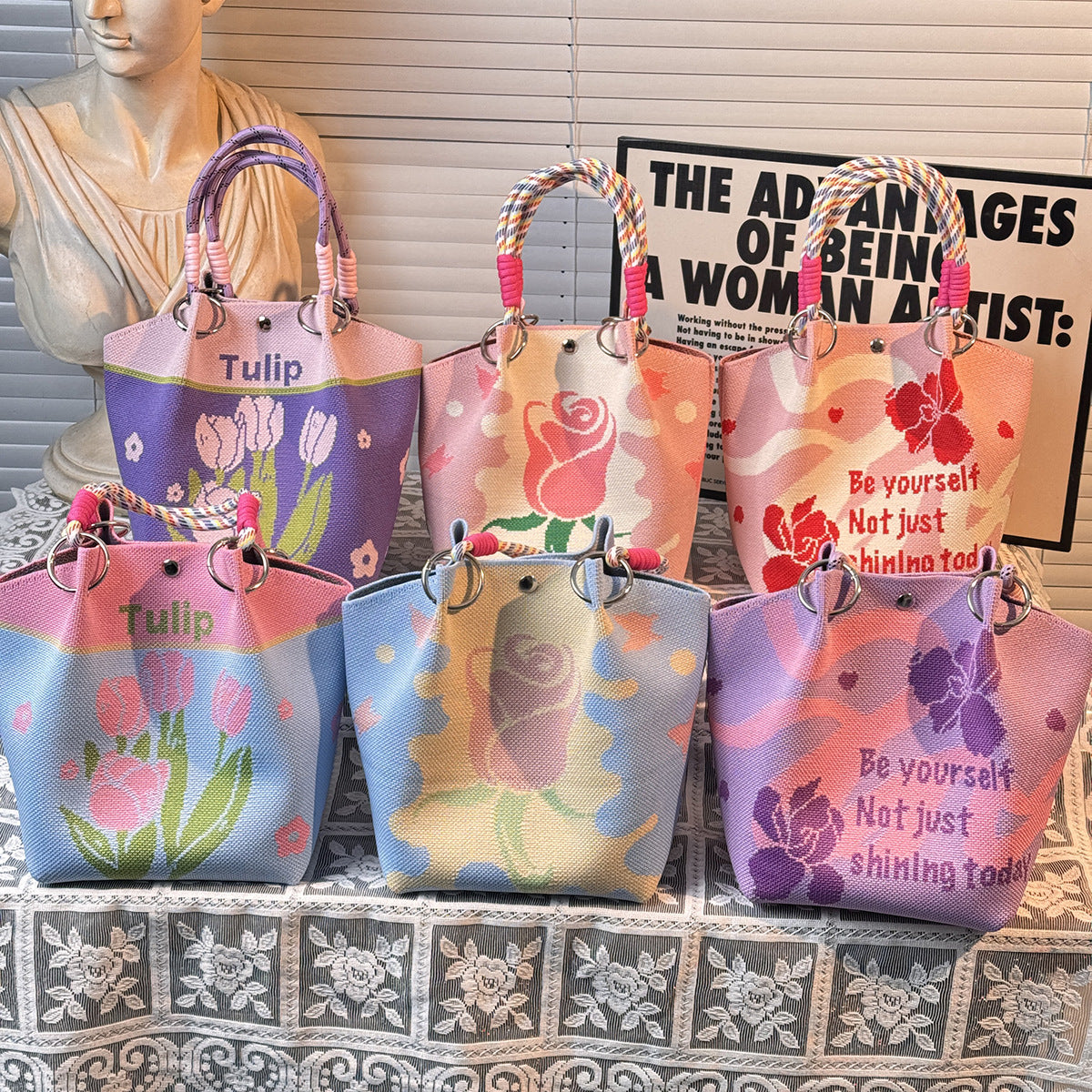 Valentine's Day Floral Braided Handle Knit Bucket Handbag