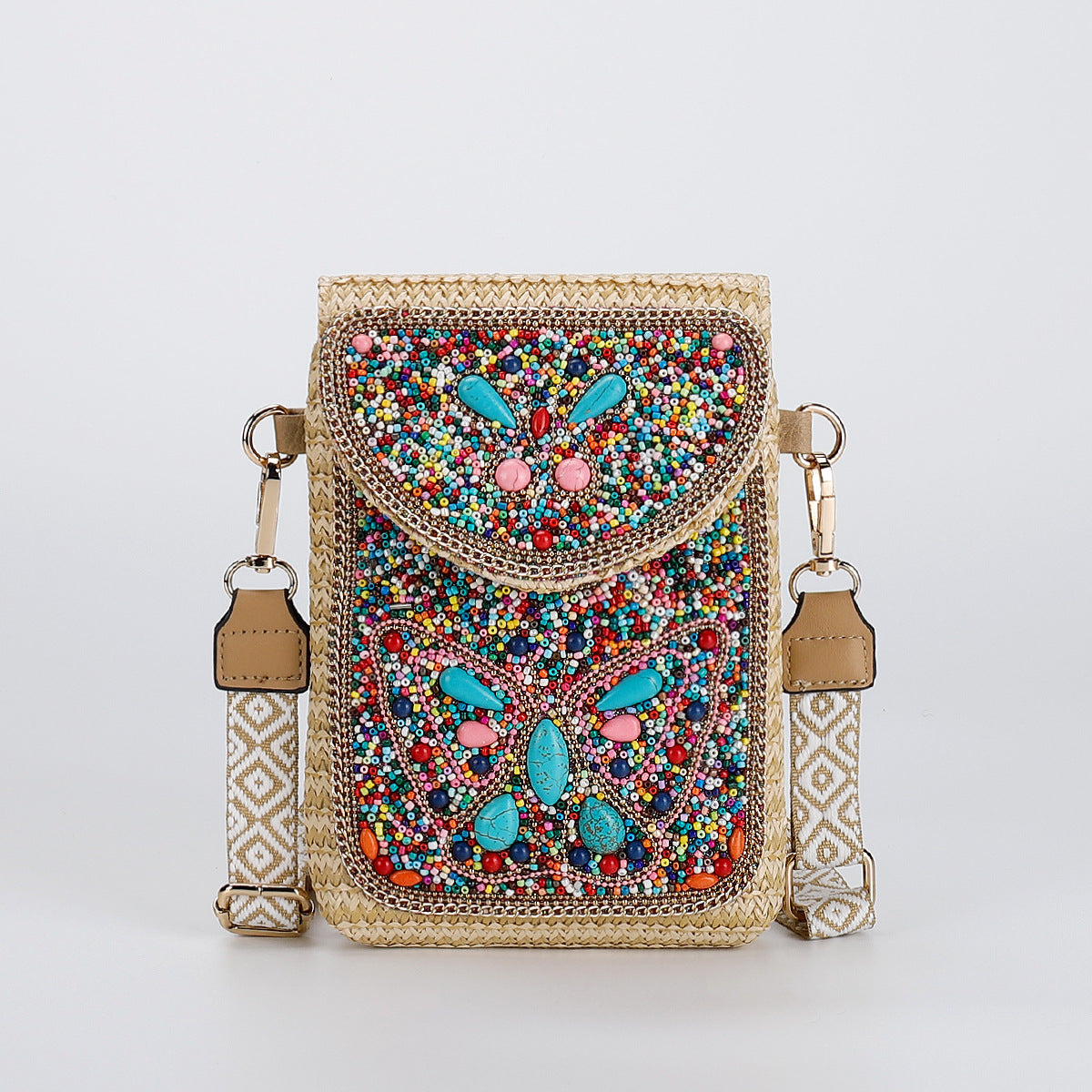 Women Luxury Straw Crossbody Bag, Fashion Beaded Woven Phone Shoulder Bag
