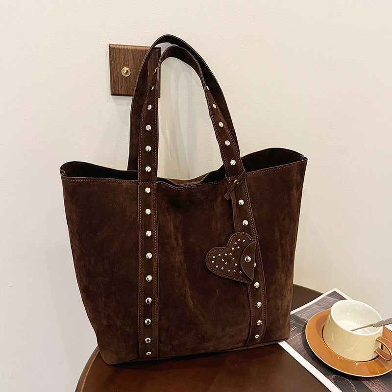 Vintage Suede-Look Studded Tote Bag with Heart Charm
