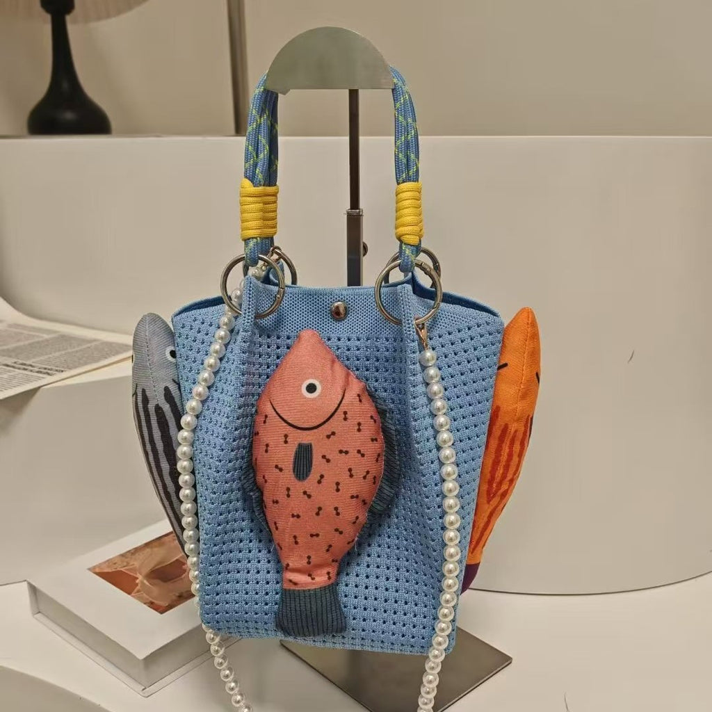 Crochet Fish Applique Pearl Strap Tote Bag