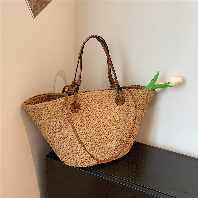 Women Straw Large Minimalist Handmade Woven Handheld Shoulder Beach Bag