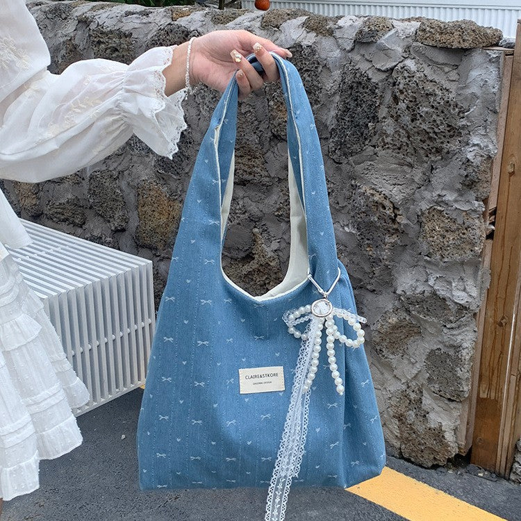 Women Bow Embroidered Large Capacity Shoulder Tote Bag