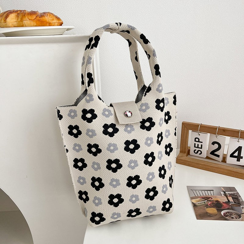 V Pattern Striped Woven Mini Bucket Bag