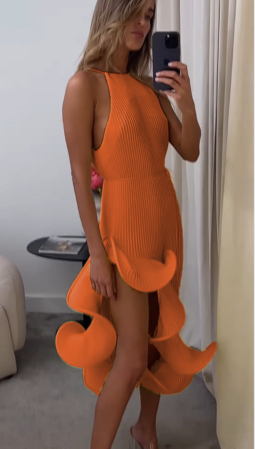 Irregular Ruffled Sexy Sleeveless Lace-Up Slim Dress