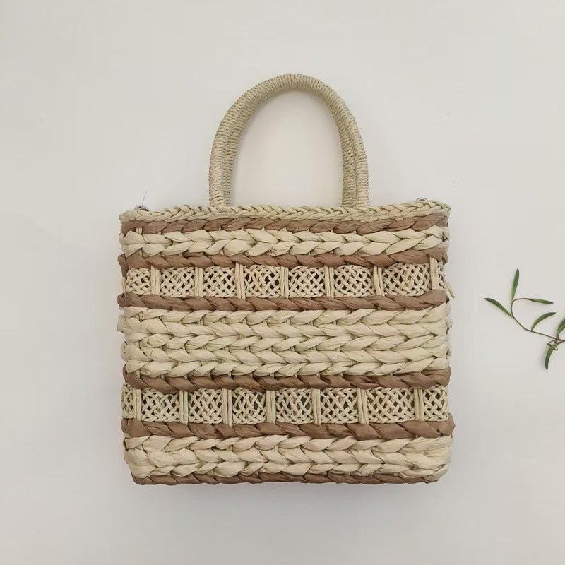 Striped Woven Crossbody Bag, Lightweight Straw Basket Bag