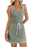 Women Color-Blocked Square Neck Sleeveless Drawstring Knitted Dress