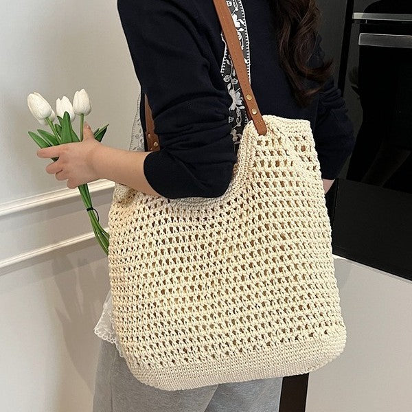 Women Summer New Woven Exquisite Bucket Shoulder Large Straw Bag