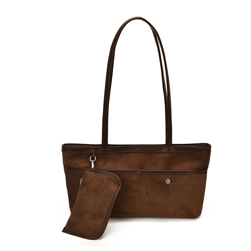 Soft Faux Suede Shoulder Tote Bag with Matching Pouch
