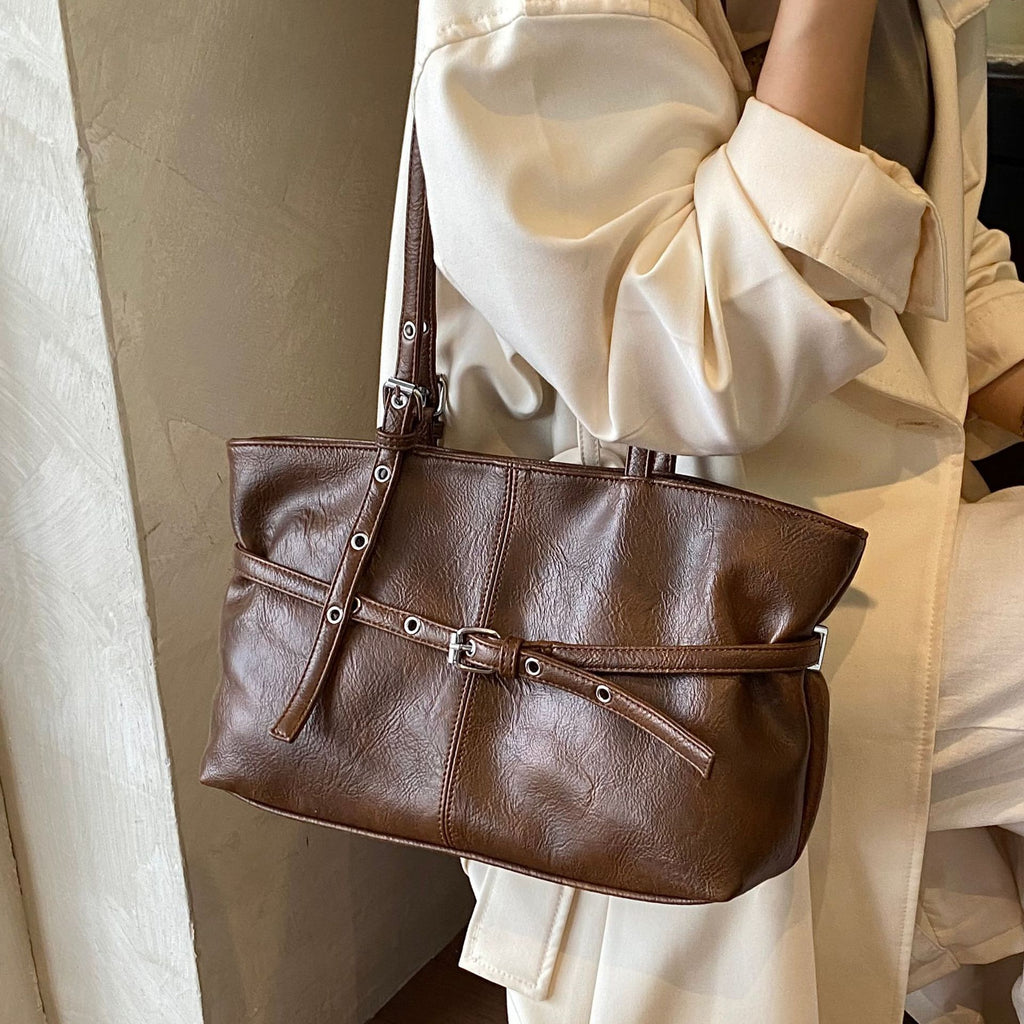 PU Leather Shoulder Tote Bag with Chic Belted Details