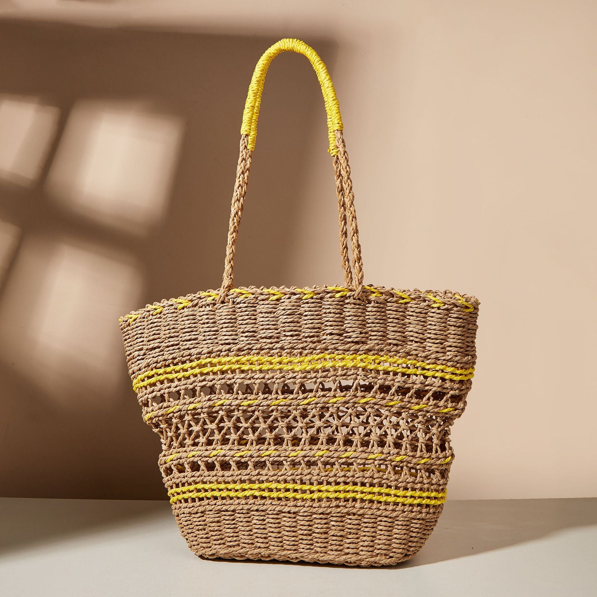 Hollow Woven Paper Rope Contrast Color Straw Bag