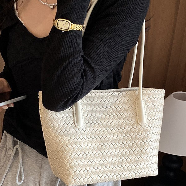 Classic Woven Tote Shoulder Bag with Double Shoulder Straps