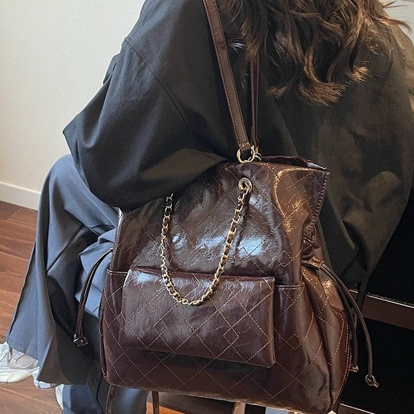 Glossy Quilted Convertible Backpack Tote Bag with Chain Detail