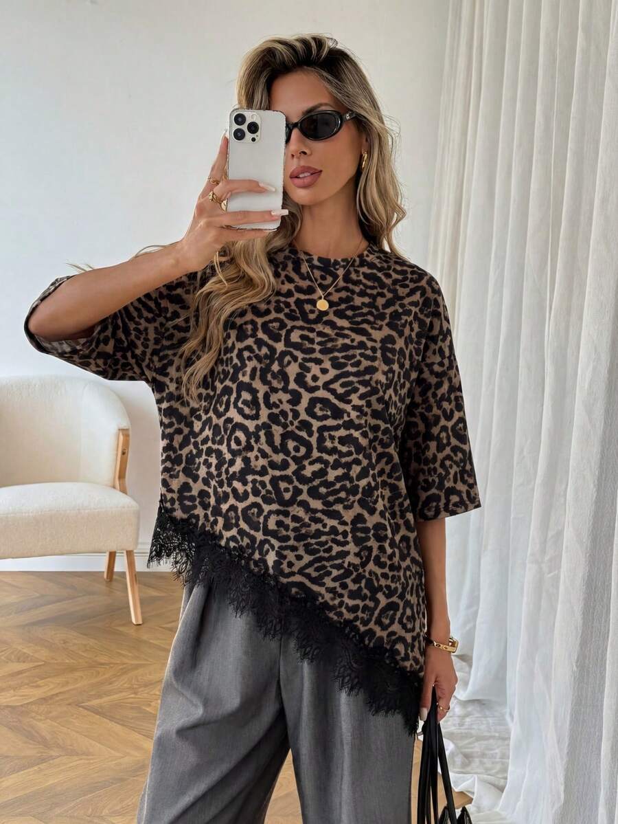 Women Leopard Print Stitching Lace Loose Short-Sleeve T-Shirt