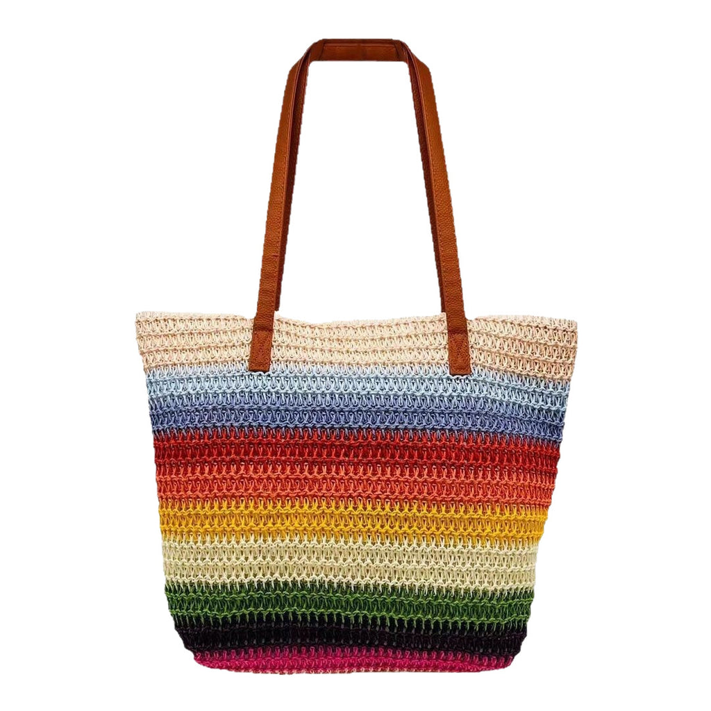 Rainbow Stripe Contrast Color Woven Straw Beach Bag
