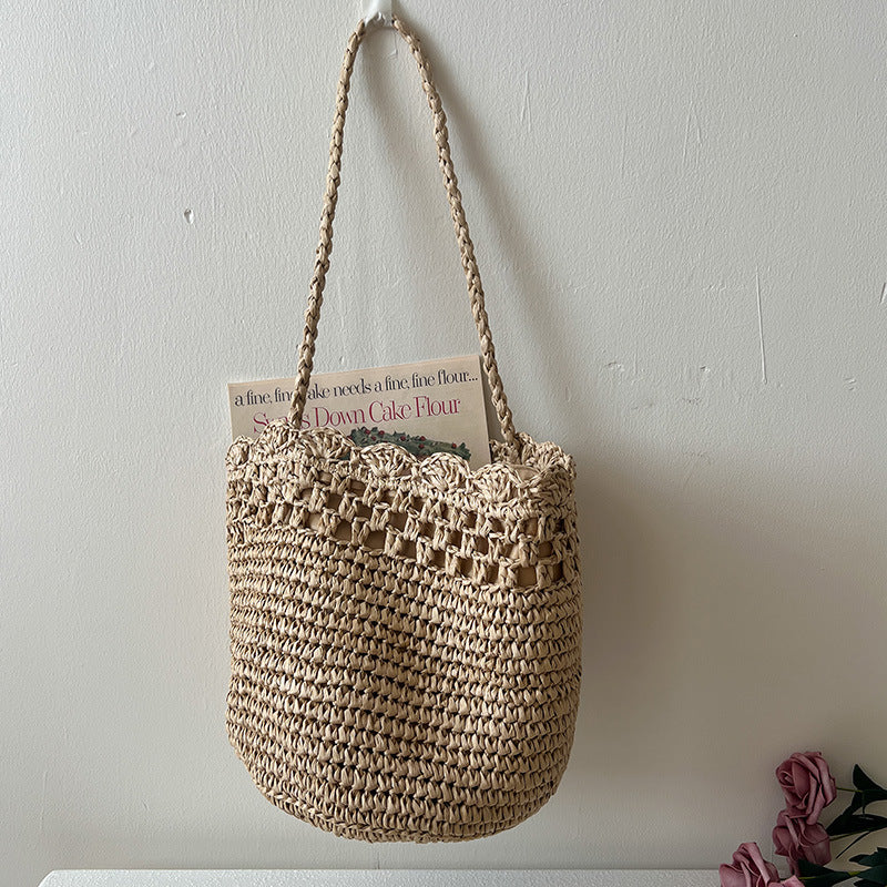 French Raffia One-Shoulder Hollow Lace Woven Beach Bag
