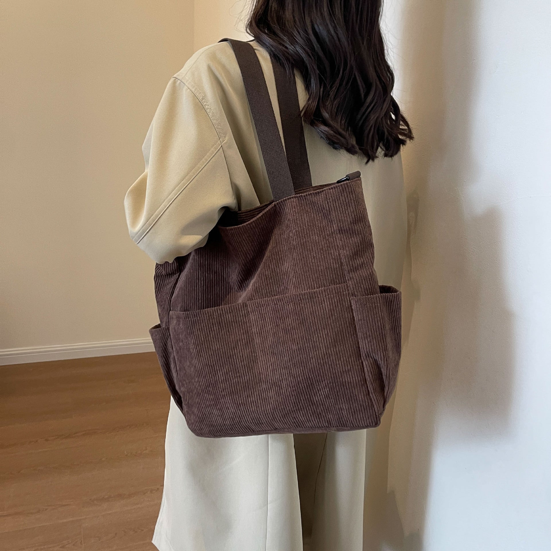 Large Corduroy Multi Pocket Convertible Shoulder Tote Bag