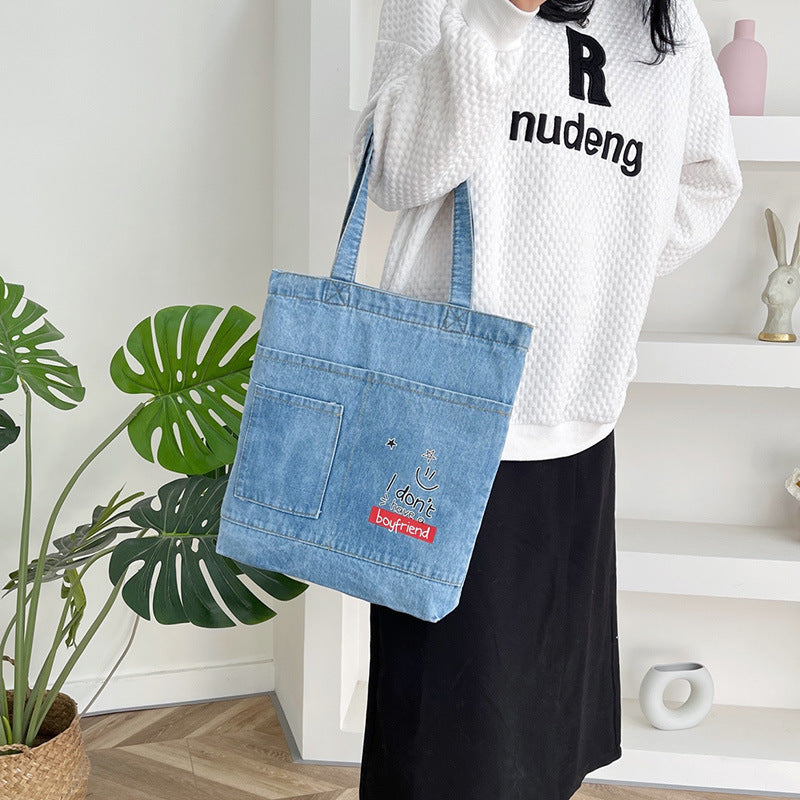 Cross-Border Denim Bag Shoulder Bag Women'S Casual Simple Korean Style Girls' Tote Bag Canvas Student Portable Tutoring Bag