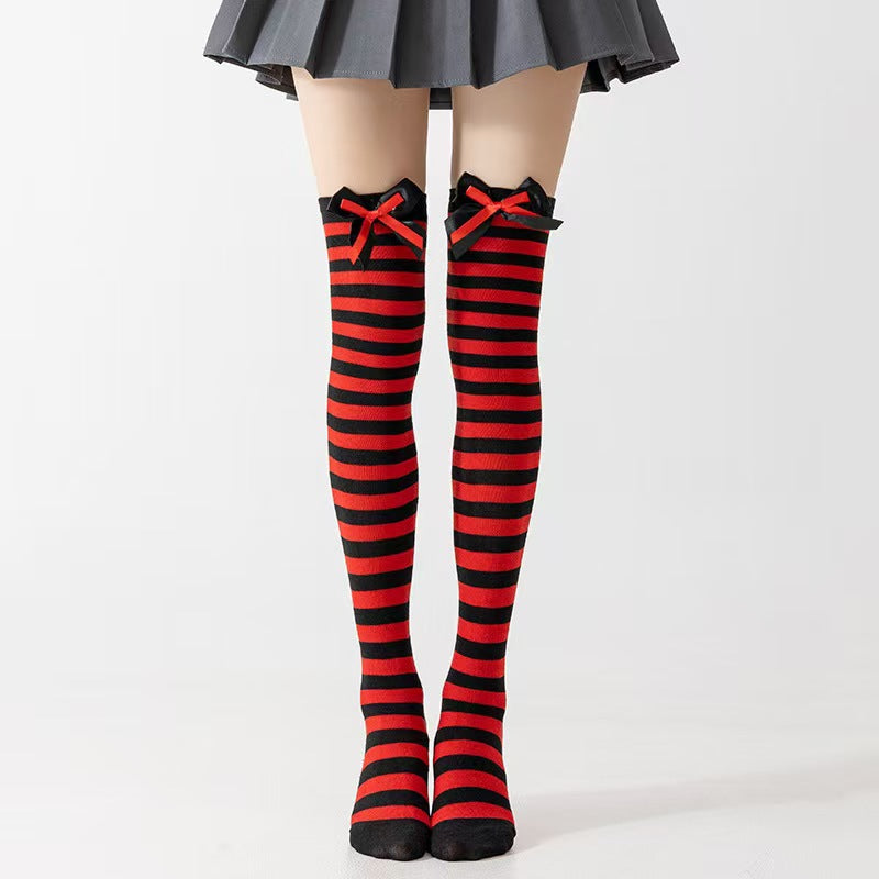 Halloween Christma Striped Thigh High Socks with Satin Bow