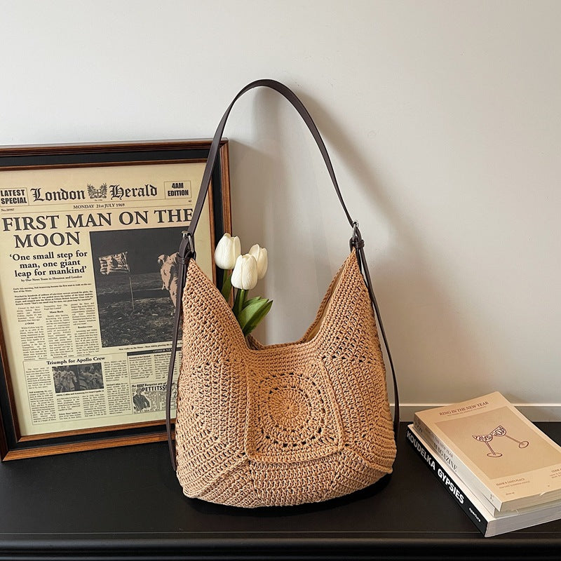 Vacation Large Woven 2026 Spring New Artistic Knit Cotton Shoulder Beach Bag