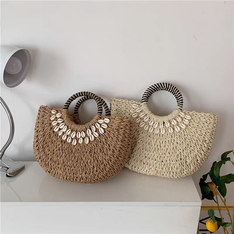 Semicircle Straw Woven Shell Beach Bag