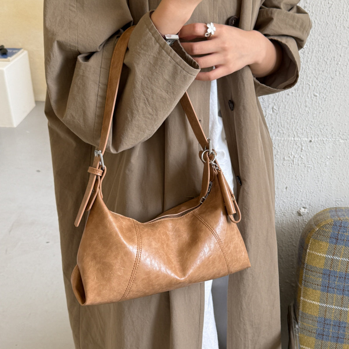 Soft PU Leather Hobo Shoulder Bag with Stitching Details