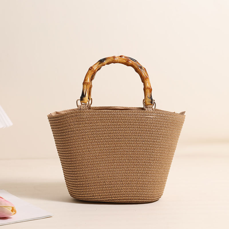 Women Bamboo Handheld Straw New Elegant Striped Woven Beach Bag