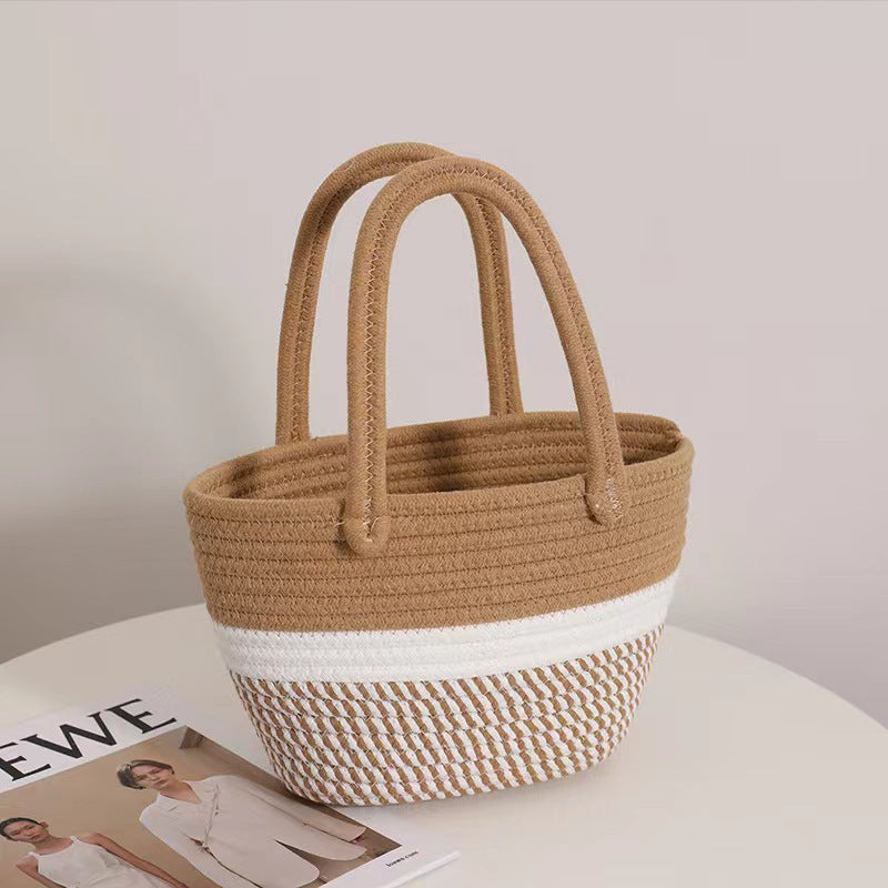 Retro Striped Cotton Woven Straw Detail Vacation Beach Handheld Basket Bag